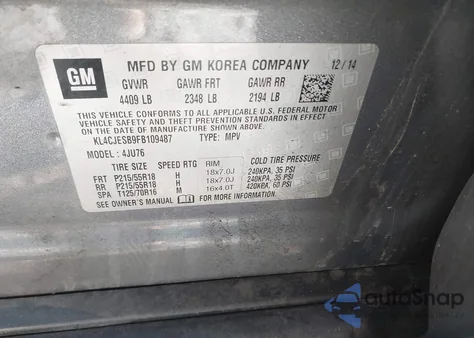 2015 Buick Encore из США, поврежденный, VIN KL4CJESB9FB109487